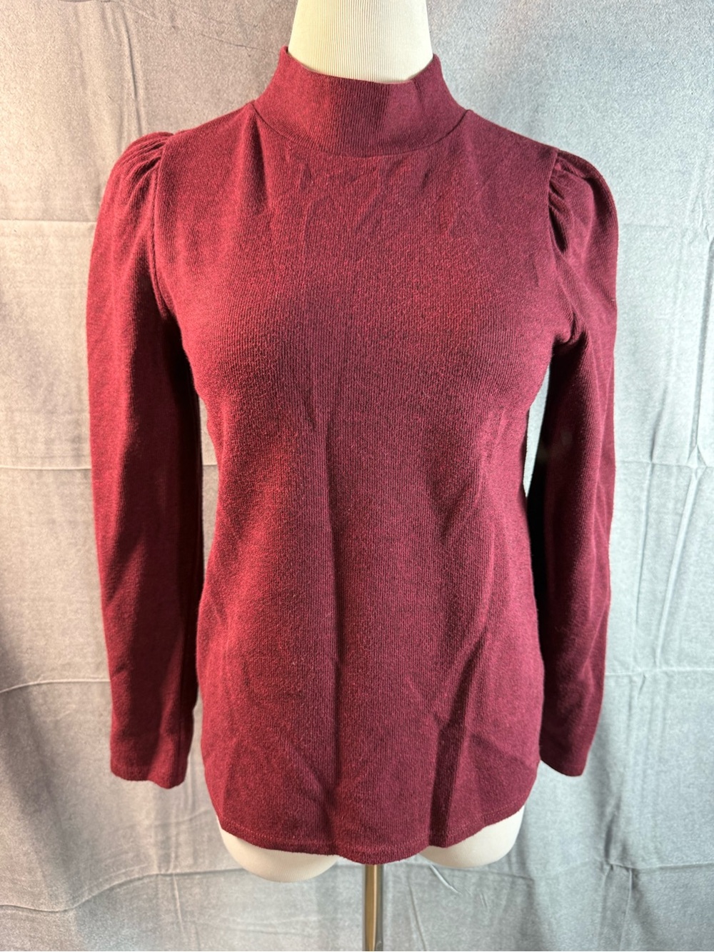 2400-Madewell Burgundy Mock Neck Puff Shoulder Sweater